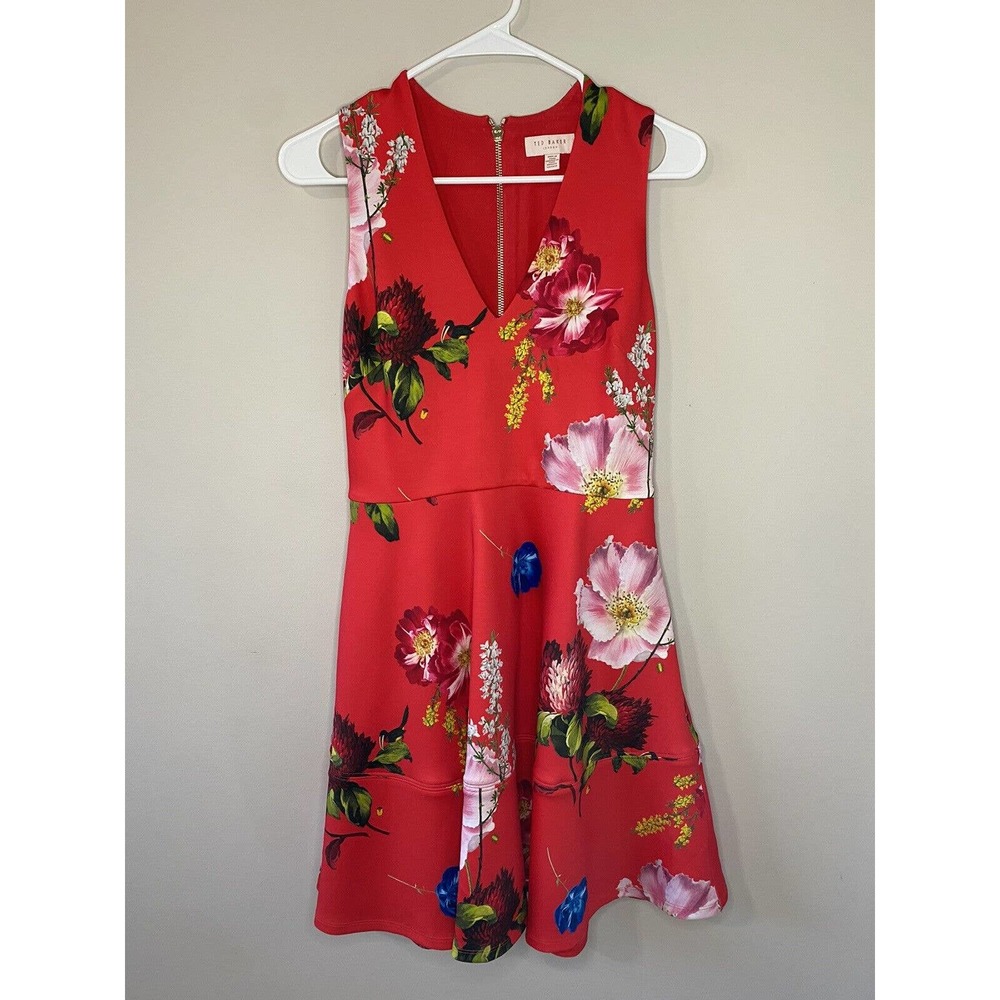 Ted Baker Size 2 Kinle‎ Skater Fit And Flare Dress In Berry Sundae Print Pockets